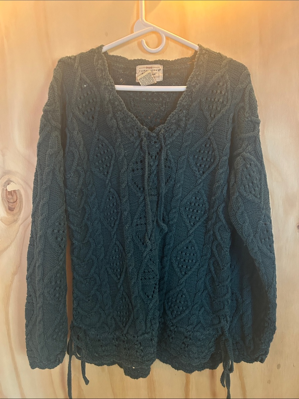 Yarnworks vintage Woven Cable Knit V-Neck Sweater in Deep Teal